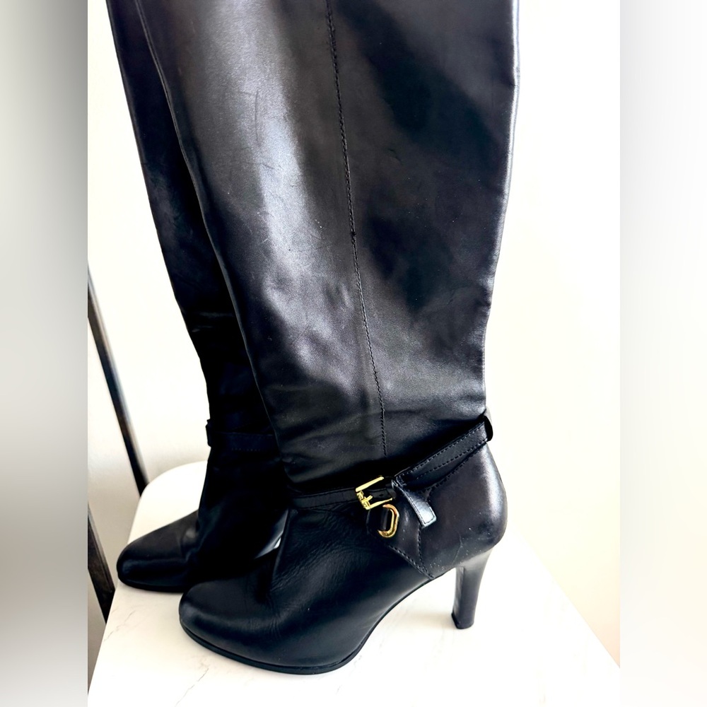 Ralph Lauren Black Leather Knee-High Heeled Boots with Gold Buckle Detail - Picture 2 of 7